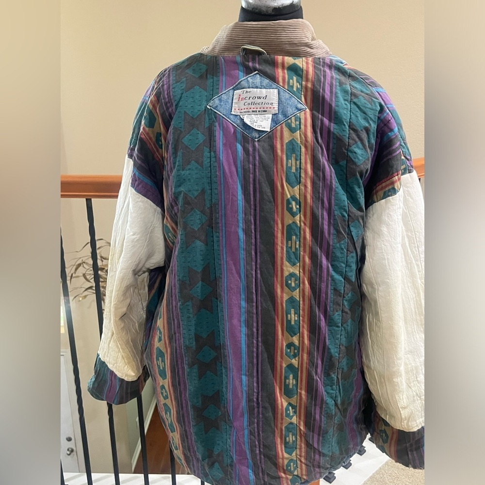 VINTAGE 80s & 90s INCROWD DENIM AND AZTEC THRASHED BARN JACKET, WOMEN SIZE L - Picture 12 of 15